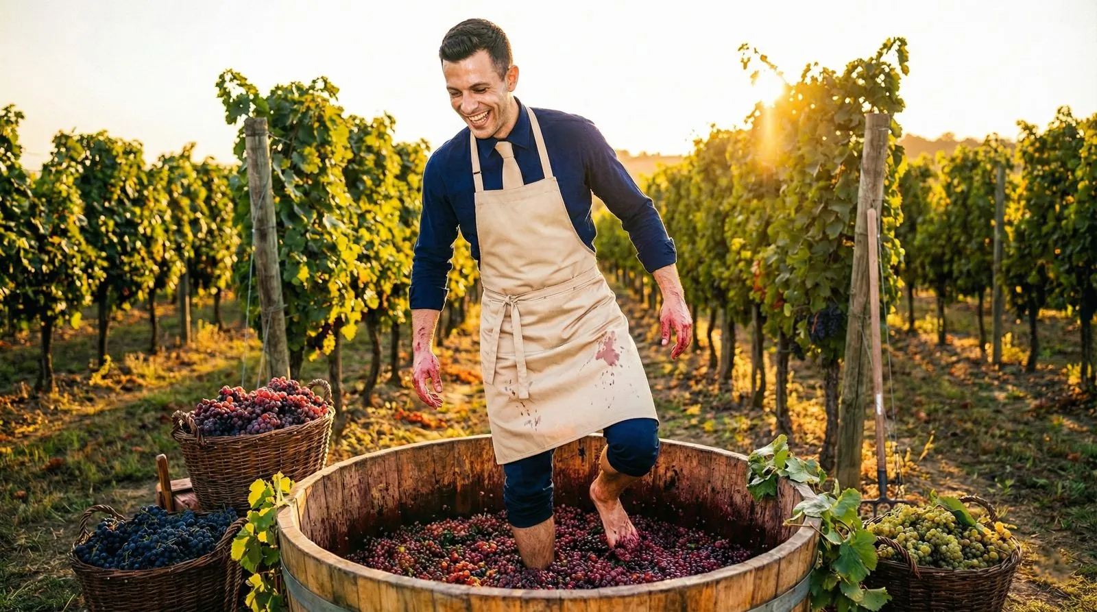 Sommelier in vigna con grembiule beige